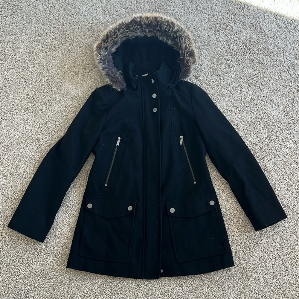 a.n.a Black Military Peacoat with Fur Trim